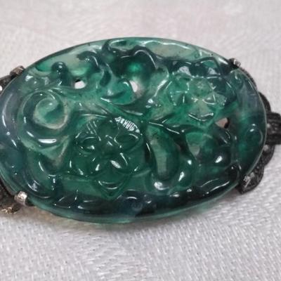 Antique Hand Carved Jade 925 Brooch