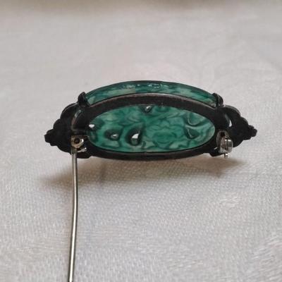 Antique Hand Carved Jade 925 Brooch