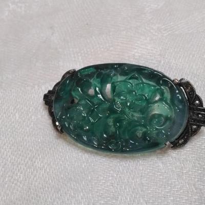 Antique Hand Carved Jade 925 Brooch
