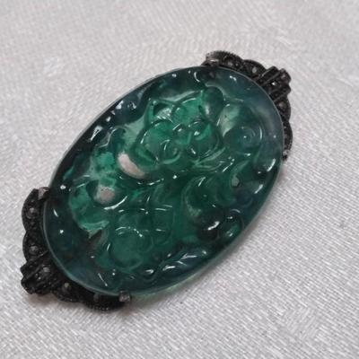 Antique Hand Carved Jade 925 Brooch