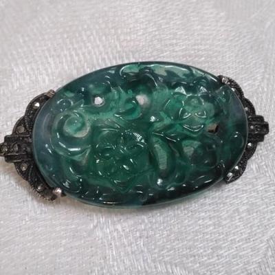 Antique Hand Carved Jade 925 Brooch