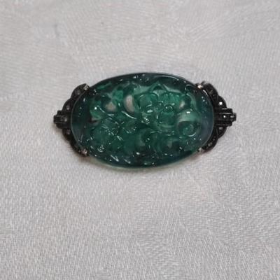 Antique Hand Carved Jade 925 Brooch