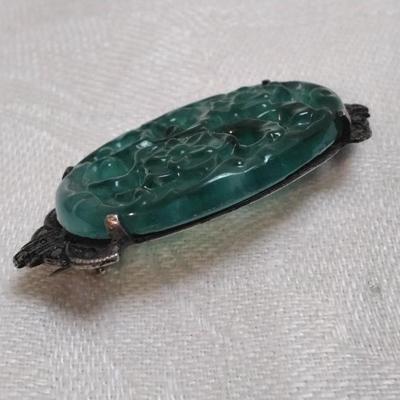 Antique Hand Carved Jade 925 Brooch