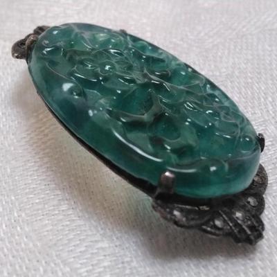 Antique Hand Carved Jade 925 Brooch