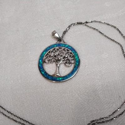 Tree of Life Blue Fire Opal 925 18" Necklace