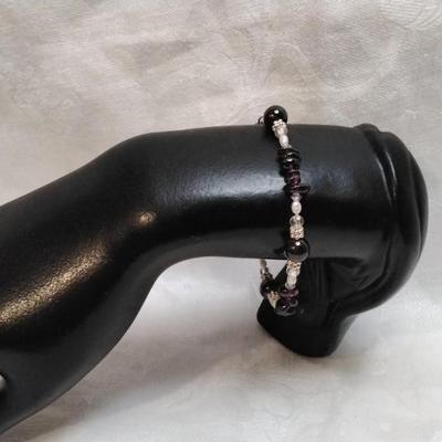 Rhodolite Garnets, Keishi Pearls and 925 Beads 6.5" Bracelet