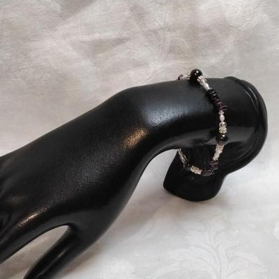 Rhodolite Garnets, Keishi Pearls and 925 Beads 6.5" Bracelet