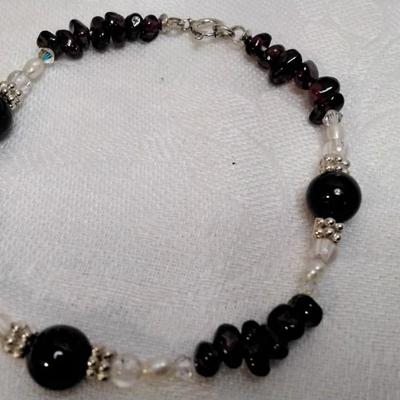 Rhodolite Garnets, Keishi Pearls and 925 Beads 6.5" Bracelet