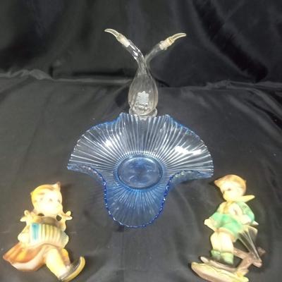 BLUE GLASS BOWL, VINEGAR AND OIL CONTAINER AND CHALK WARE WALL HANGINGS