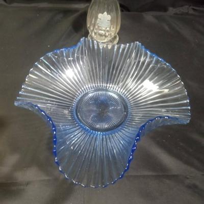 BLUE GLASS BOWL, VINEGAR AND OIL CONTAINER AND CHALK WARE WALL HANGINGS