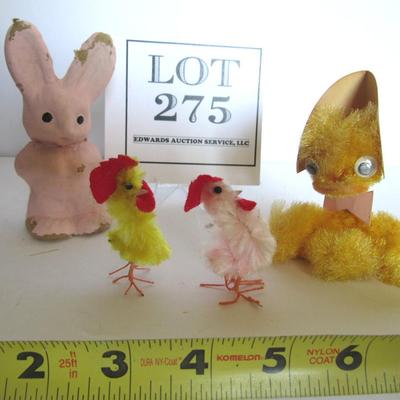 vintage Easter Bunny, Chenille Chick and Roosters