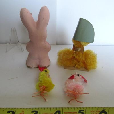 vintage Easter Bunny, Chenille Chick and Roosters