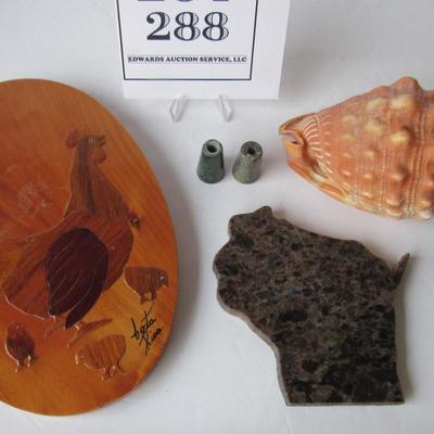 Granite WI Trivet, Granite Beads, Wood Plaque and Wood Figurine Base