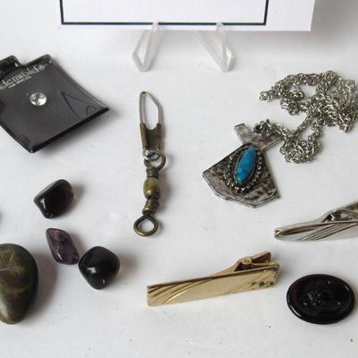Misc Lot of Jewelry, Polished Stones, Tie Clips