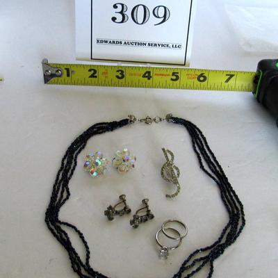 Older Carnival Glass Beaded Necklace, Rhinestone Lot