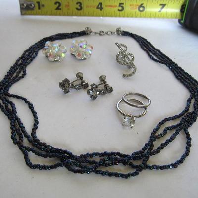 Older Carnival Glass Beaded Necklace, Rhinestone Lot
