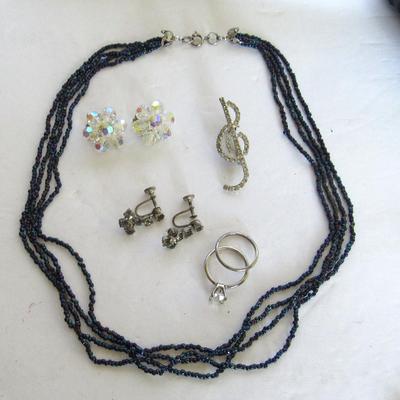 Older Carnival Glass Beaded Necklace, Rhinestone Lot