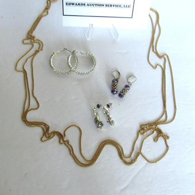 Lot 318: Lot of Modern Jewelry, Long 3 Strand Necklace, Rhinestone Earrings, Nice