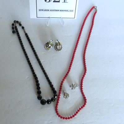 Lot 322:  Necklaces and Earrings, Black Glass and Red Glass or Stone