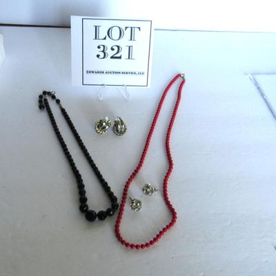 Lot 322:  Necklaces and Earrings, Black Glass and Red Glass or Stone