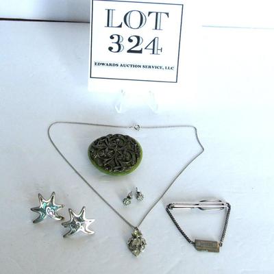 Lot 324: Vintage Lot, Sterling and Shell Earrings, Sterling Bar Pin, Plastic Belt Buckle More