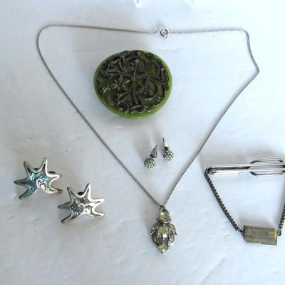 Lot 324: Vintage Lot, Sterling and Shell Earrings, Sterling Bar Pin, Plastic Belt Buckle More