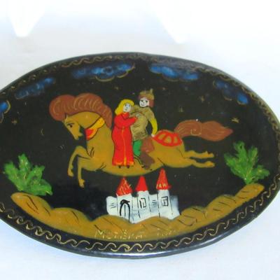 Lot 325: Vintage Russian Lacquer Pin, Signed on Front Bottom