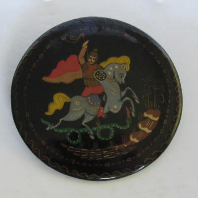 Lot 326: Nice Round Russian Lacquer Pin, Vintage, Signed on Back