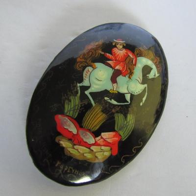 Lot 327: Vintage Russian Lacquer Oval Pin, Signed on Front