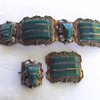 Vintage Mexico Silver and Stone Carved Chunky Bracelet - As Is
