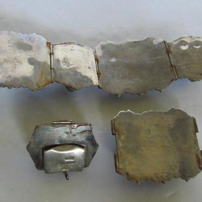 Vintage Mexico Silver and Stone Carved Chunky Bracelet - As Is