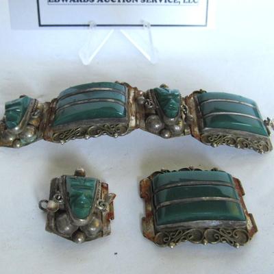 Vintage Mexico Silver and Stone Carved Chunky Bracelet - As Is