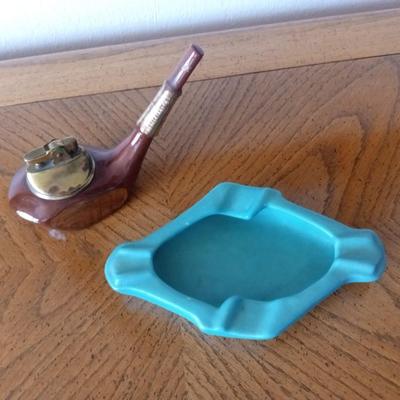 VAN BRIGGLE ASH TRAY AND A TABLE LIGHTER