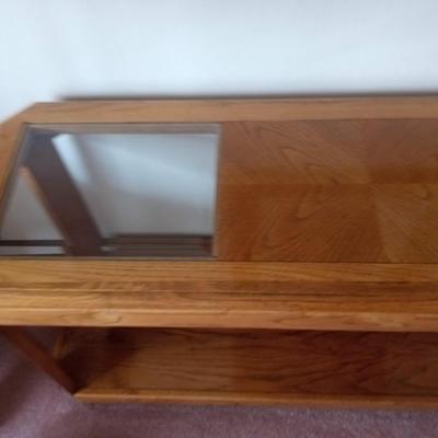 2 TIER OAK SOFA TABLE WITH GLASS PANELED TOP