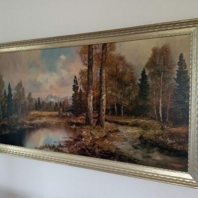 LARGE FRAMED PICTURE AND AN OAK LAMP TABLE