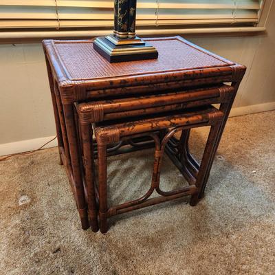 3 Bamboo Rattan Nesting Tables with Lamp 21x16x22