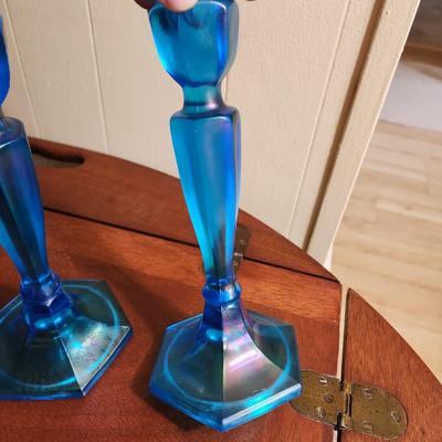 Lot of 4 sets Candle holder Waterford , Blue Glass, Metal Asian , Flow Blue from China