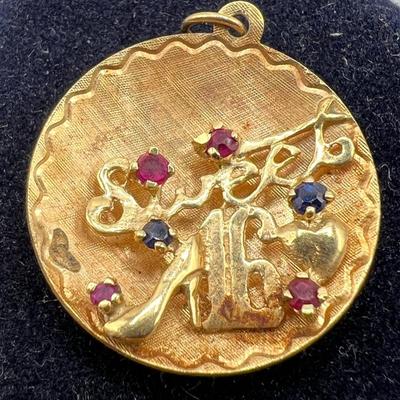 Vintage 14k Yellow Gold & Gemstone Sweet 16 Round Pendant Charm Engraved on the Back