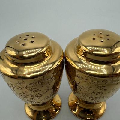 Pair of Vintage Gold Gilt Floral Vine Pattern Salt and Pepper Shakers