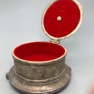 Vintage Silver Plate Red Lined Hinged Lid Trinket Jewelry Box