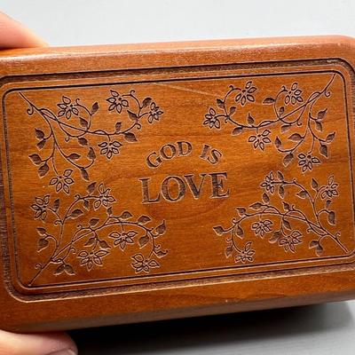 Small God is Love Carved Wood Hinged Lid Trinket Jewelry Box