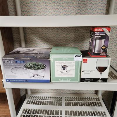 lot of 4 items new in Boxes Kitchen Trend Pan, Martha Stewart Fondue Set, Thermos Food Jar, 4 Wine Glasses