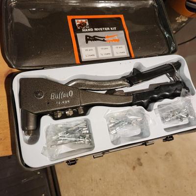 Table Lot of tools, DeWalt 10" Saw Blades, Metric Socket set Deep Wall Sockets, 6" Dado , Rivet Set, Clamps
