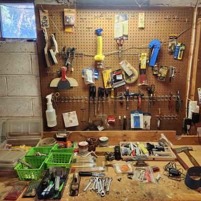 Workshop Left Pegboard and Items on top of Bench. Snap on Drivers tools