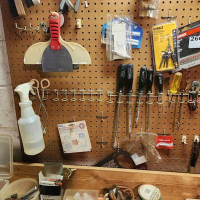 Workshop Left Pegboard and Items on top of Bench. Snap on Drivers tools