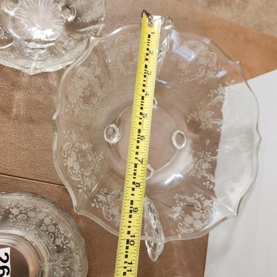 23 Pcs Etched Clear Glass Bowls, Shakers, Creamer, Sugar, Candle holders 12 plates