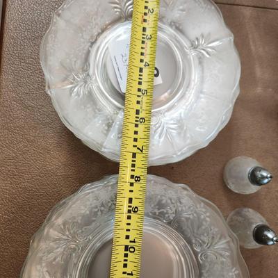 23 Pcs Etched Clear Glass Bowls, Shakers, Creamer, Sugar, Candle holders 12 plates