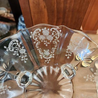 23 Pcs Etched Clear Glass Bowls, Shakers, Creamer, Sugar, Candle holders 12 plates