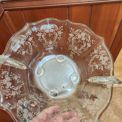 23 Pcs Etched Clear Glass Bowls, Shakers, Creamer, Sugar, Candle holders 12 plates