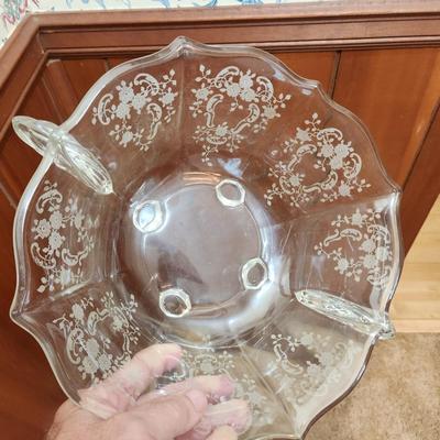23 Pcs Etched Clear Glass Bowls, Shakers, Creamer, Sugar, Candle holders 12 plates